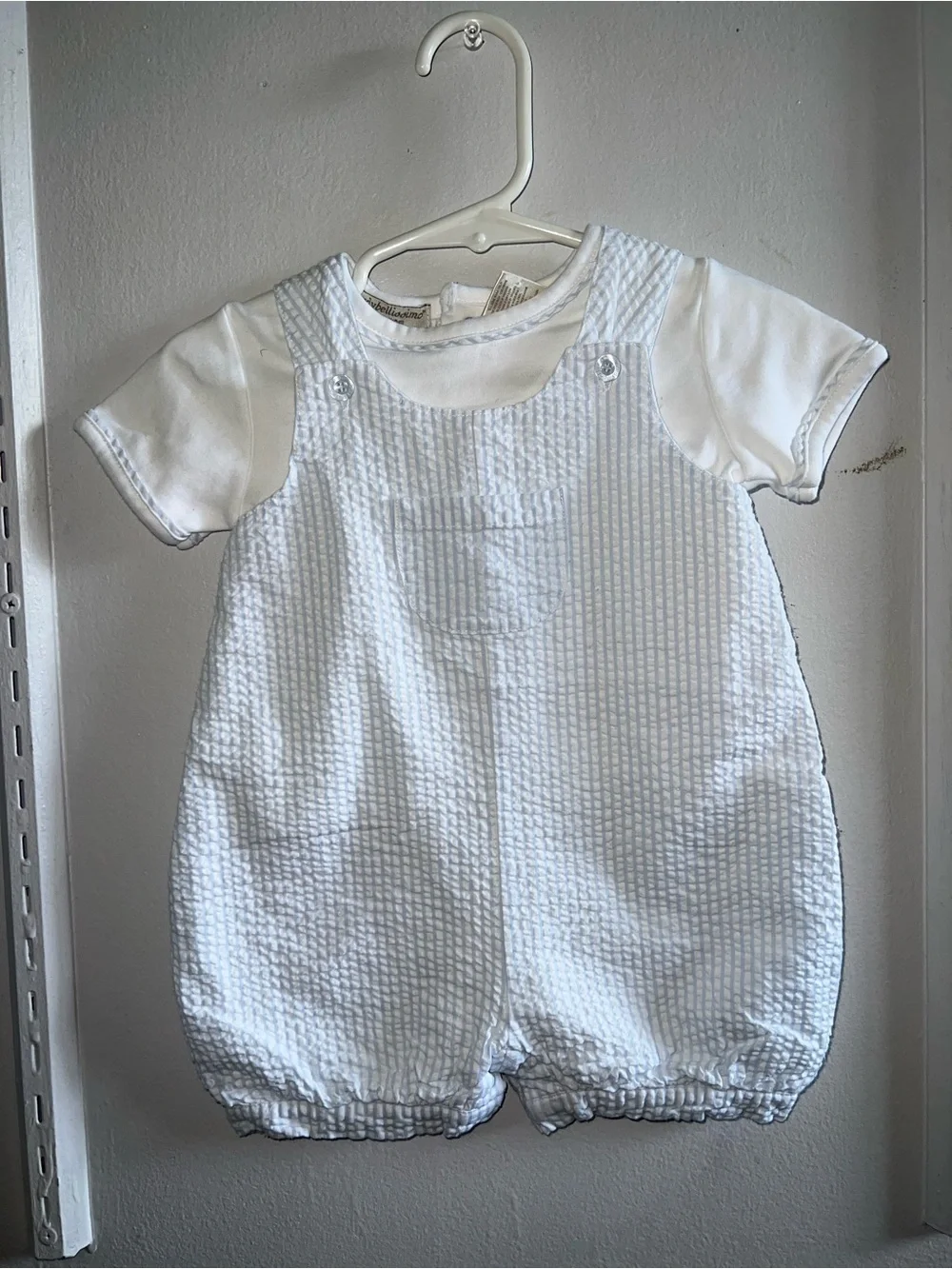 Vintage Wendy Bellissimo White Textured Seersucker Boys Romper Set
